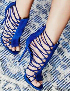 Women Fashion Blue Suede Leather Cut-out High Heel Sandals Strap Cross Thin Heel Sandals