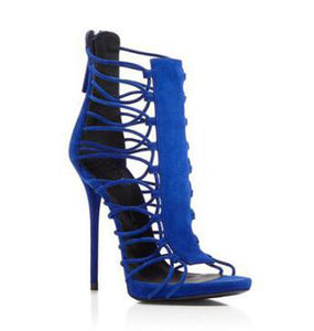 Women Fashion Blue Suede Leather Cut-out High Heel Sandals Strap Cross Thin Heel Sandals