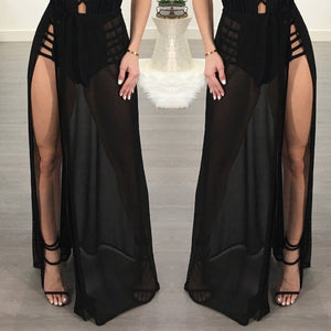 Women High Waist Mesh Skirts Empire See Through Sheer Side Split Skirt Chiffon Maxi Long Skirt