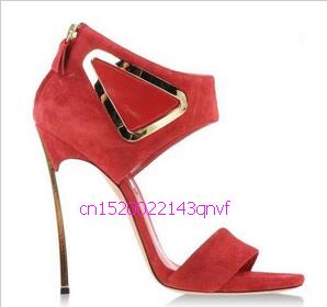 High Quality Red Suede Leather Cut-out Triangle Sandals For Women Blade Heel Summer Dress shoes woman Formal Women Pumps