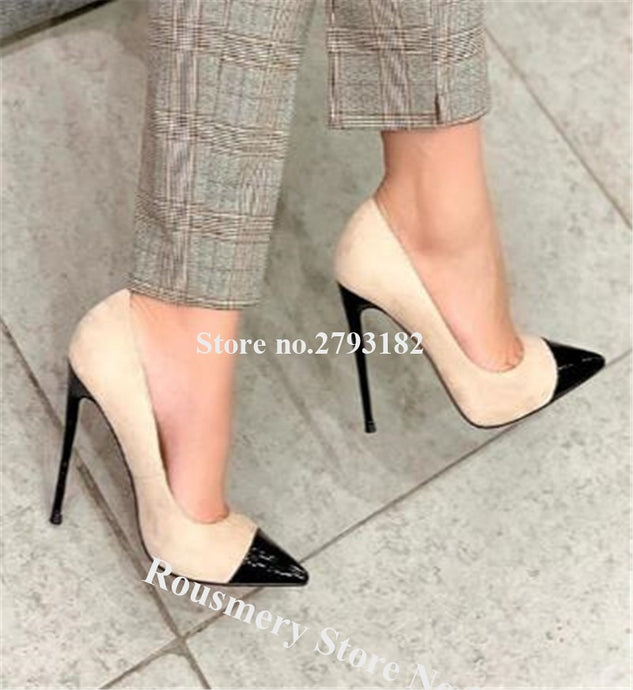 Black Pointed Toe Suede Leather Stiletto Heel Patchwork Pumps Beige High Heels Formal Dress Wedding Shoes