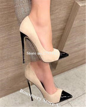 Load image into Gallery viewer, Black Pointed Toe Suede Leather Stiletto Heel Patchwork Pumps Beige High Heels Formal Dress Wedding Shoes