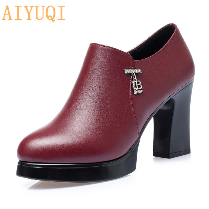 Hand Made Genuine Leather Red Thick  Square Heel Soft Surface Women's Shoes