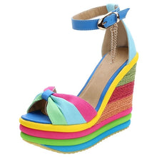 Load image into Gallery viewer, Women&#39;s Ladies Wedges High Multi color Patchwork Sandals Peep Toe Roman Shoes