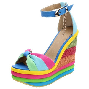 Women's Ladies Wedges High Multi color Patchwork Sandals Peep Toe Roman Shoes