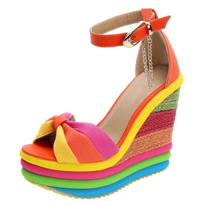 Women's Ladies Wedges High Multi color Patchwork Sandals Peep Toe Roman Shoes