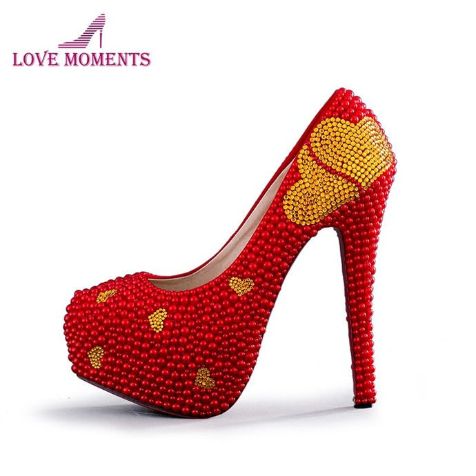 Red Pearl Women Pumps High Heels with Gold Heart Shape Stone Nightclub Pumps Formal Dress Shoes