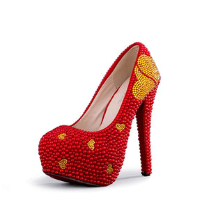 Red Pearl Women Pumps High Heels with Gold Heart Shape Stone Nightclub Pumps Formal Dress Shoes