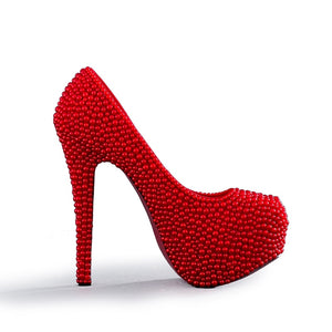 Red Pearl Women Pumps High Heels with Gold Heart Shape Stone Nightclub Pumps Formal Dress Shoes