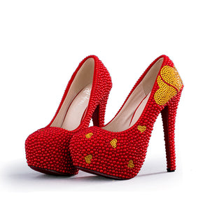 Red Pearl Women Pumps High Heels with Gold Heart Shape Stone Nightclub Pumps Formal Dress Shoes