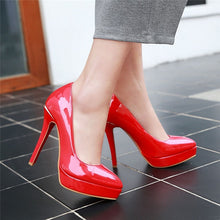 Load image into Gallery viewer, Women Platform Pumps 12cm Super High Thin Spike Heel Dress Pointed Toe Red Patent Leather Pumps