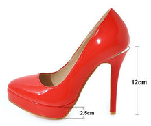 Load image into Gallery viewer, Women Platform Pumps 12cm Super High Thin Spike Heel Dress Pointed Toe Red Patent Leather Pumps