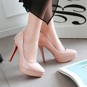 Women Platform Pumps 12cm Super High Thin Spike Heel Dress Pointed Toe Red Patent Leather Pumps