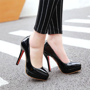 Women Platform Pumps 12cm Super High Thin Spike Heel Dress Pointed Toe Red Patent Leather Pumps