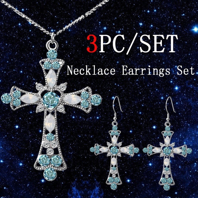 Women Choker Jesus Flower Christian Religion Jewelry Crystal Cross Pendant Necklaces Earrings Sets