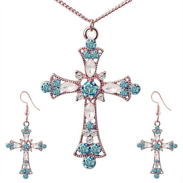 Women Choker Jesus Flower Christian Religion Jewelry Crystal Cross Pendant Necklaces Earrings Sets