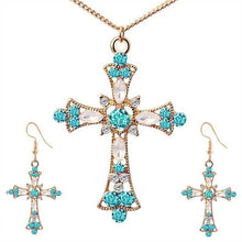 Load image into Gallery viewer, Women Choker Jesus Flower Christian Religion Jewelry Crystal Cross Pendant Necklaces Earrings Sets