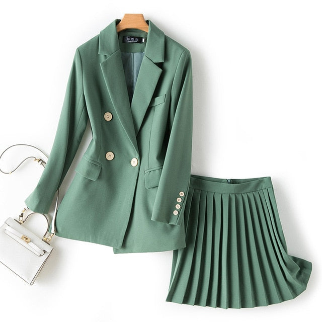 Women's Sets Chic Single Button Solid Blazer High Waist Pleated Skirt Two Piece Skirt Sets