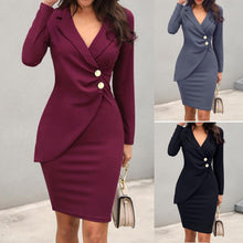 Load image into Gallery viewer, Autumn Dress Women Office Lady Sexy Solid Turn Down Neck Long Sleeve Buttons Bodycon Work Formal Dress Freeship Wholesale платье