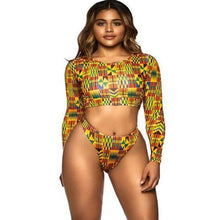 Load image into Gallery viewer, Lovely African Print Thong Bikini Set Long Sleeve Padded High Wasted Swimsuit
