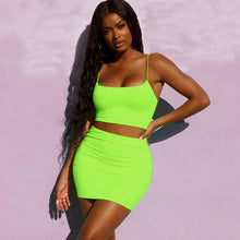 Load image into Gallery viewer, CHRLEISURE Festival 2 Piece Set Women Crop Top Women Skirt Set Neon Club Outfits Summer Streetwear Sleeveless Sexy Two Piece