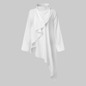 Women Asymmetrical Shirt Buttons Ruffles Blouse Long Sleeve Loose Vintage Top Pleated Blouse