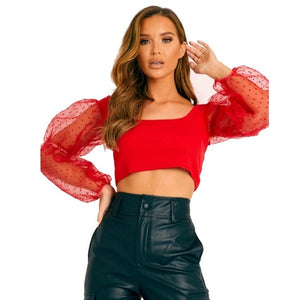 Blouses Ladies See-through Sheer Mesh Dot Blouse Transparent Puff Long Sleeve Cropped Tops