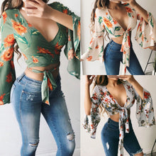 Load image into Gallery viewer, Green Chiffon Printing Floral Lace Up Tie Tunic Kimono Loose Shirt Wrap Blouse