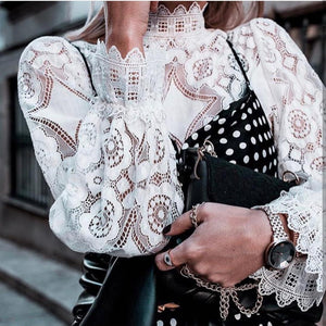 White Lace Women Blouses and Tops Translucent Long Sleeve Slim Elegant Shirts