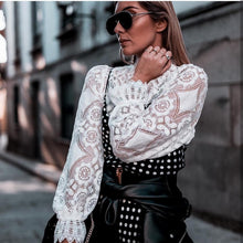 Load image into Gallery viewer, White Lace Women Blouses and Tops Translucent Long Sleeve Slim Elegant Shirts