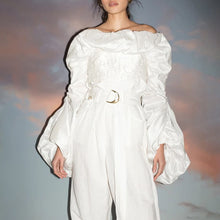 Load image into Gallery viewer, Ruched Ruffles Blouses Women Slash Neck Lantern Long Sleeve Slim Fashion Clothes 2020 Tide