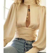 Load image into Gallery viewer, Leopard Turtleneck Satin Silk Hollow Out Backless Women Blouse