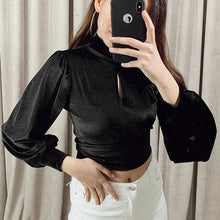 Load image into Gallery viewer, Leopard Turtleneck Satin Silk Hollow Out Backless Women Blouse