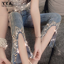 Load image into Gallery viewer, Beading High Waist Jeans Split Slim Fit Flare Trousers Fashion