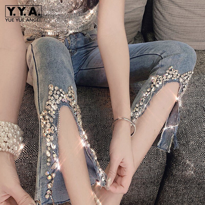 Beading High Waist Jeans Split Slim Fit Flare Trousers Fashion