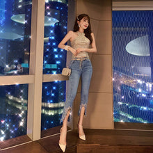 Load image into Gallery viewer, Beading High Waist Jeans Split Slim Fit Flare Trousers Fashion