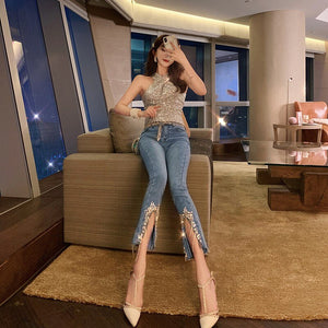 Beading High Waist Jeans Split Slim Fit Flare Trousers Fashion