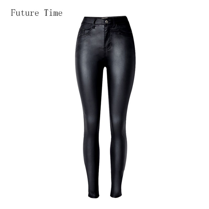 Women fitting High Waist Slim Faux Leather Stretch  Jeans