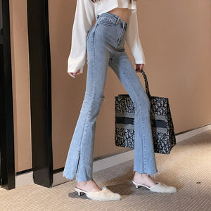 Women High Waist Denim Side Split Vintage Straight Jeans