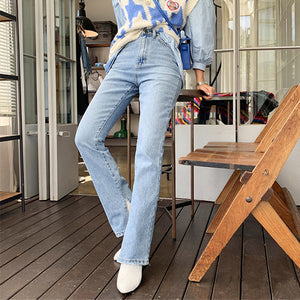 Women High Waist Denim Side Split Vintage Straight Jeans