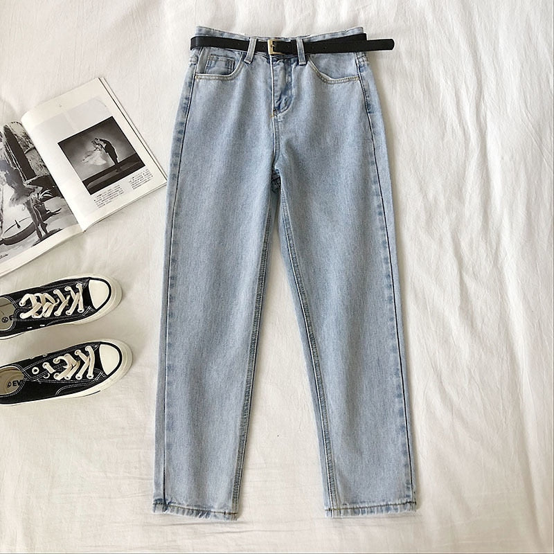 High Waist  Jeans Women Fashion Harem Pants Ankle-Length Stretch Jeans With Belt Streetwear