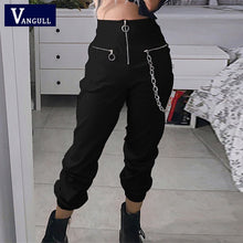 Load image into Gallery viewer, Vangull harajuku zipper streetwear women casual harem pants with chain New solid black pant cool fashion hip hop long trousers