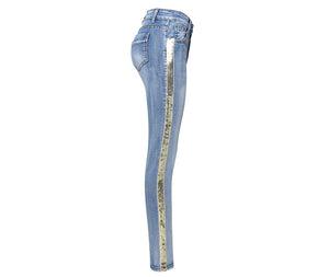 Patchwork Skinny Sequin Jeans with Stripes for Women Denim Female Stretch Pencil Jeans