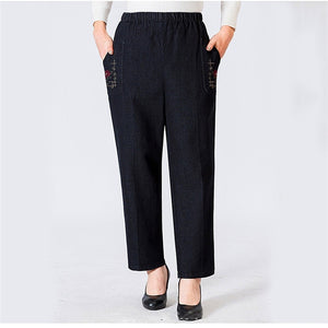 Mom High Waist Embroidery Pockets Straight Jeans Chic