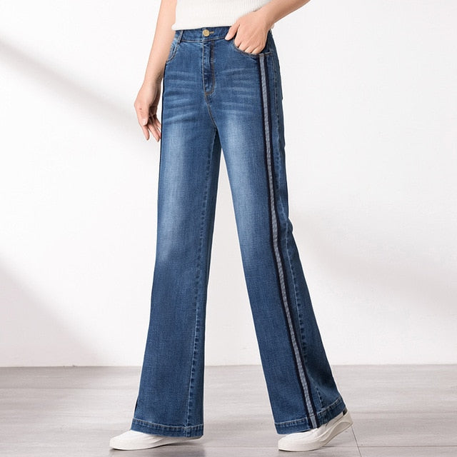 Women Autumn Winter Wide Leg Jeans Straight Loose Stretch High Waist Spliced Jeans