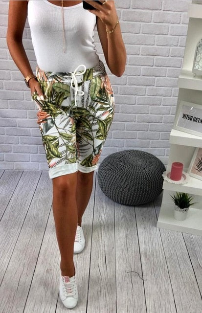 Womens Fine Floral Print Elastic Waist Knee Length Sports Cycling Running Shorts