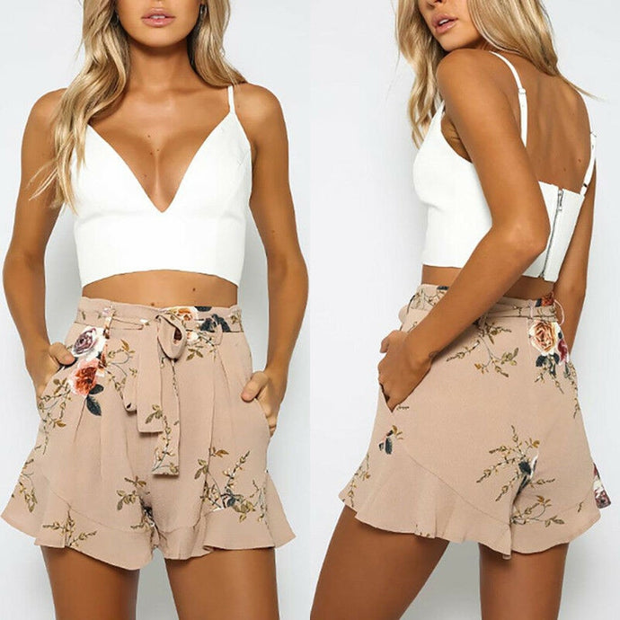 HIRIGIN Women Vintage Floral Shorts Summer Casual Bow Lady Beach High Waist Short Trousers