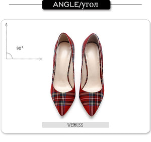 WETKISS Big Size 33-45 Stiletto Heels Women Pumps Red Pointed Plaid Shoes Women Shallow High Thin Heels 2020 Party Wedding Shoes