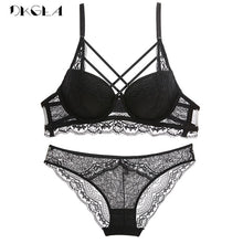 Load image into Gallery viewer, Fashion Bandage Brassiere Black Push Up Bra Panties Set Lace Lingerie Embroidery Thick Cotton Underwear Set Women Bras Sexy