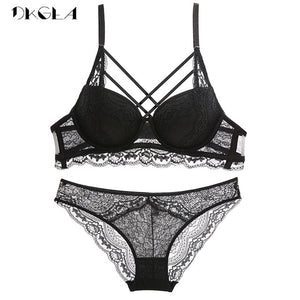 Fashion Bandage Brassiere Black Push Up Bra Panties Set Lace Lingerie Embroidery Thick Cotton Underwear Set Women Bras Sexy